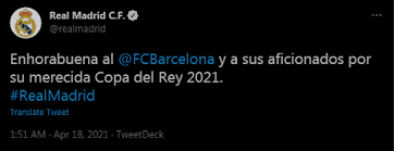 تبریک توئیتری رئال مادرید به بارسلونا