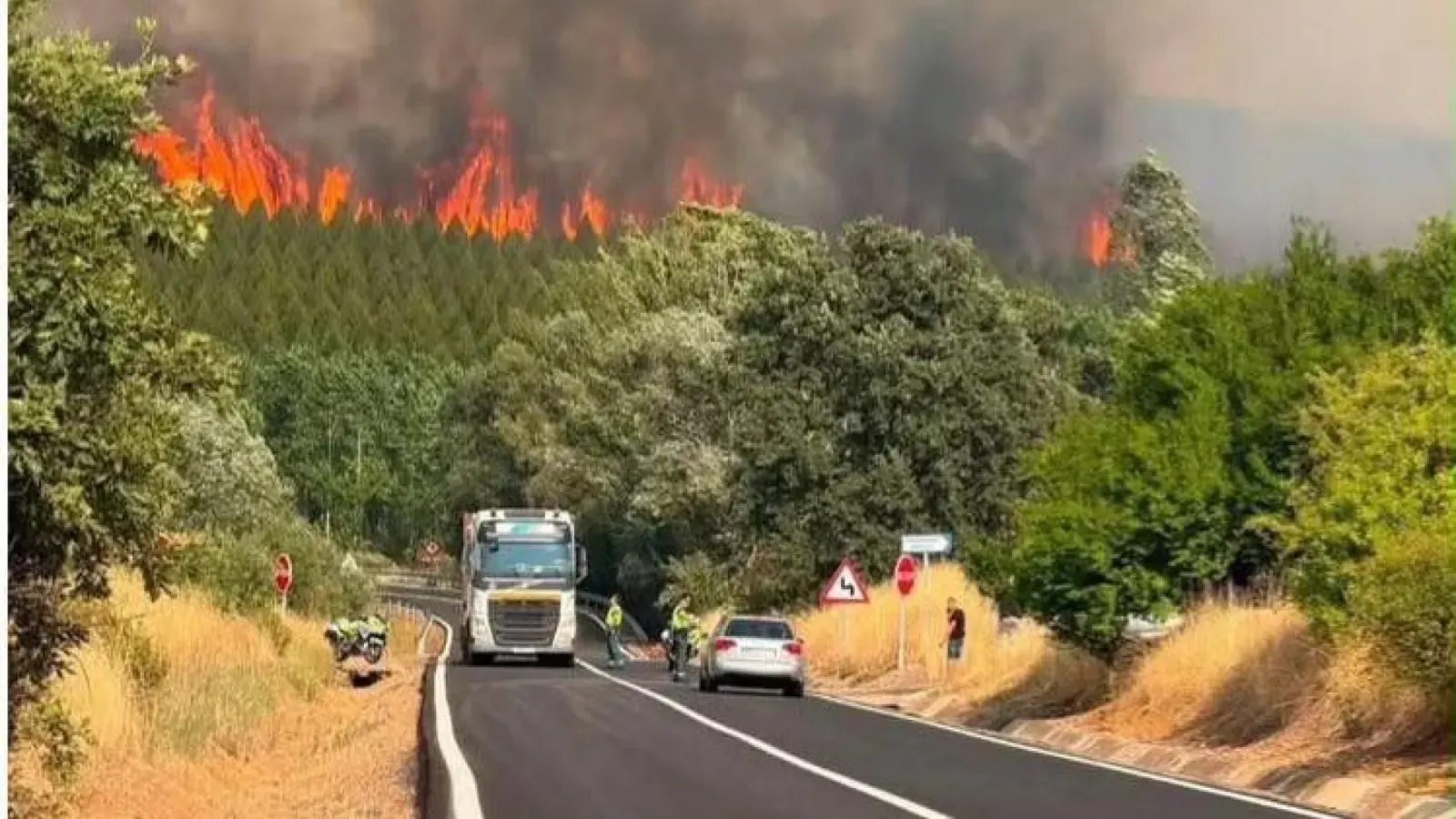 Incendio forestal en la provincia de León, con humo y llamas en un paisaje rural, Castilla y León, España
